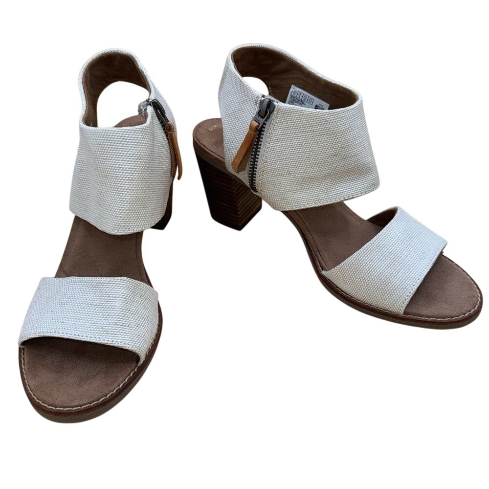 Tom's Majorca City Sandals, Block Heel, Cream‎ Canvas, Women's 10, EUC